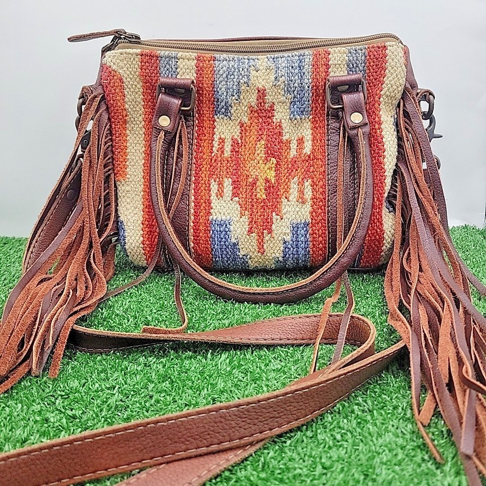 Myra Bag Leather Aztec Fringe Crossbody Bag | Southwestern Brown Saddle Blanket - Picture 7 of 7